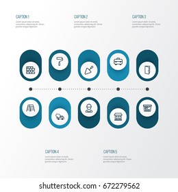Building Outline Icons Set. Collection Of Wall Painter, Stepladder, Trowel And Other Elements. Also Includes Symbols Such As Ladder, Building, Toolbox.