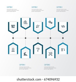 Building Outline Icons Set. Collection Of Tools, Tipper, Construction Works And Other Elements. Also Includes Symbols Such As Crane, Construction, Engineer.