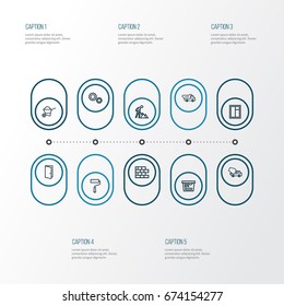 Building Outline Icons Set. Collection Of Door, Concrete Mixer, Gear And Other Elements. Also Includes Symbols Such As Frame, Wheelbarrow, Entrance.