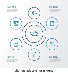 Building Outline Icons Set. Collection Of Tower Crane, Builder, Stepladder And Other Elements. Also Includes Symbols Such As Window, Wall, Paint.