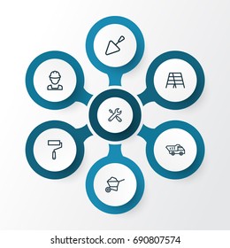 Building Outline Icons Set. Collection Of Wheelbarrow, Tipper, Trowel And Other Elements. Also Includes Symbols Such As Stepladder, Worker, Shovel.