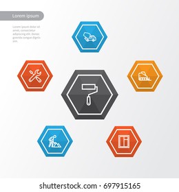 Building Outline Icons Set. Collection Of Bulldozer, Window, Tools And Other Elements. Also Includes Symbols Such As Repair, Wall, Roller.
