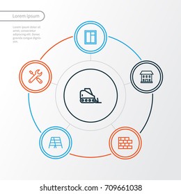 Building Outline Icons Set. Collection Of Tools, Stepladder, Bulldozer And Other Elements. Also Includes Symbols Such As Repair, House, Bulldozer.