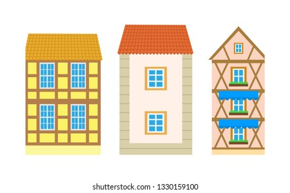 Building outside view, colorful roofs and design walls of construction with windows and balconies. Flat style exterior of residence or villa vector