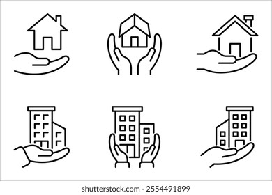 Building ownership linear icon set. Real estate business. Hand holds architectural structures. vector illustration on white background