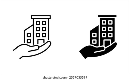 Building ownership linear icon set. Real estate business. Hand holds architectural structures. vector illustration on white background