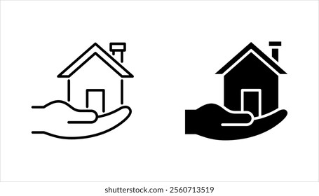 Building ownership linear icon set. Real estate business. Hand holds architectural structures. vector illustration on white background