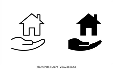 Building ownership linear icon set. Real estate business. Hand holds architectural structures. vector illustration on white background