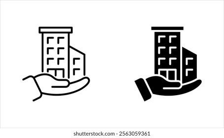 Building ownership linear icon set. Real estate business. Hand holds architectural structures. vector illustration on white background