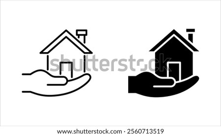 Building ownership linear icon set. Real estate business. Hand holds architectural structures. vector illustration on white background