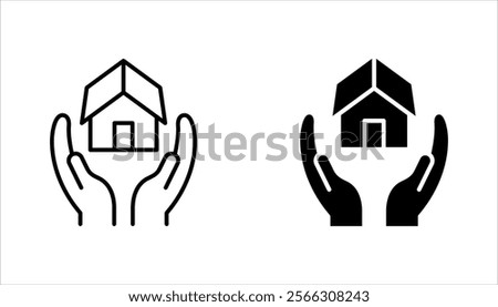 Building ownership linear icon set. Real estate business. Hand holds architectural structures. vector illustration on white background
