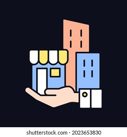 Building ownership RGB color icon for dark theme. Real estate business. Private property. Company assets. Isolated vector illustration on night mode background. Simple filled line drawing on black