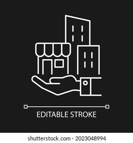 Building ownership white linear icon for dark theme. Real estate. Private property. Company assets. Thin line customizable illustration. Isolated vector contour symbol for night mode. Editable stroke