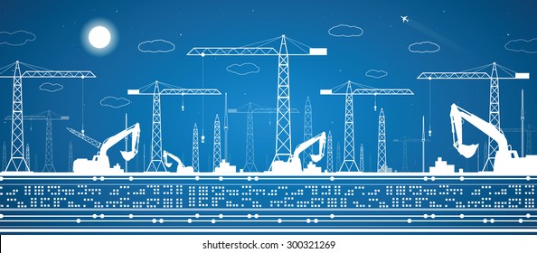 Building panorama, construction industrial landscape, building cranes, excavators, vector lines design