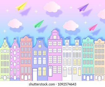 Building, paper airplanes, sky and clouds. Vector illustration. Paper art style