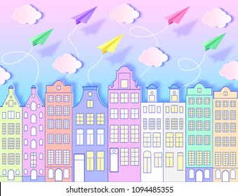 Building, paper airplanes, sky and clouds. Vector illustration. Paper art style