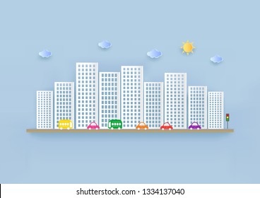 Building paper art style with car on road ,Vector illustration.  