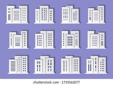 Building paper cut collection set on purple background, Architecture modern origami design, White abstract city graphic vector, Construction shadow concept illustration