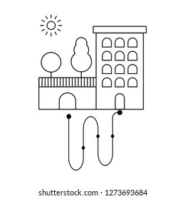 Building, park with trees and sun sign. Way sign