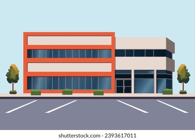 Building with parking. City shopping center, grocery store or office building with trees, flower beds, parking and markings. Flat design