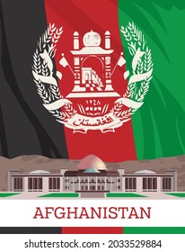 Building of the Parliament of Afghanistan in Kabul on the background of the national flag. Symbol of freedom, peace and international cooperation.