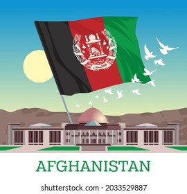 Building of the Parliament of Afghanistan in Kabul on the background of the national flag. Symbol of freedom, peace and international cooperation.