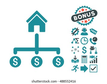 Building Payments icon with bonus design elements. Vector illustration style is flat iconic bicolor symbols, soft blue colors, white background.