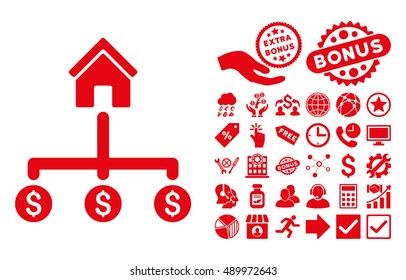 Building Payments icon with bonus pictures. Vector illustration style is flat iconic symbols, red color, white background.