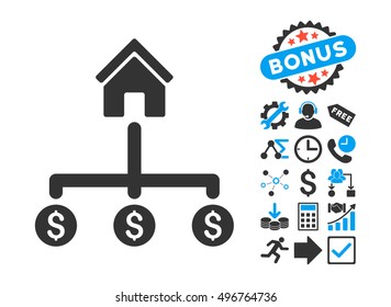 Building Payments icon with bonus icon set. Vector illustration style is flat iconic bicolor symbols, blue and gray colors, white background.