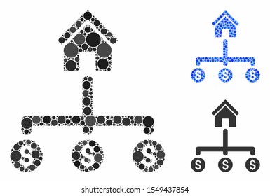 Building payments mosaic of round dots in variable sizes and color hues, based on building payments icon. Vector round elements are grouped into blue collage.