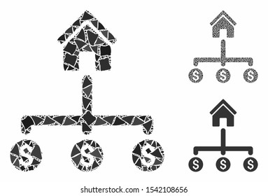 Building payments mosaic of rugged elements in various sizes and shades, based on building payments icon. Vector trembly elements are grouped into collage.