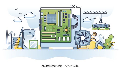 Building PC with electronic hardware parts and components outline concept. Computer RAM memory, motherboard, case and CPU assembly in case with cooler vector illustration. Professional IT service.