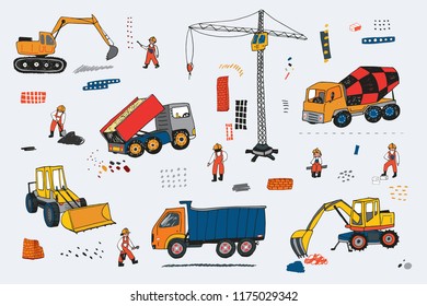 Building people and construction equipment isolated objects vector set