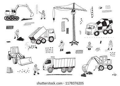 Building people and construction equipment isolated graphic line objects vector set