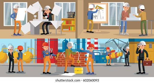 Horizontale Banner mit Ingenieuren, Architekten und Arbeiter in unterschiedlichen Situationen im Büro und auf Baustellen, Vektorgrafik  