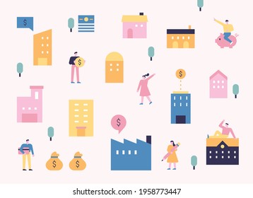 Building And People Pattern Poster In Pink Pastel Color. People Icons Looking For Real Estate Prices And Investment Assets. Flat Design Style Minimal Vector Illustration.