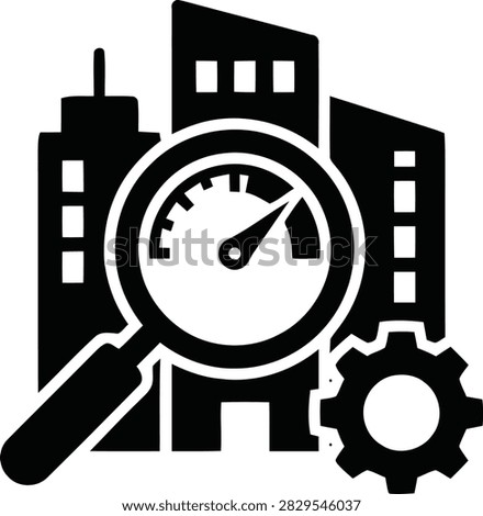 Building performance analysis icon, a vector illustration of a building with a magnifying glass and speedometer, representing efficiency and optimization.