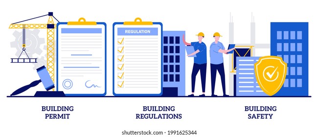 Building permit, regulations and safety concept with tiny people. Construction business vector illustration set. Contractor service, construction site, engineering project, application form metaphor.