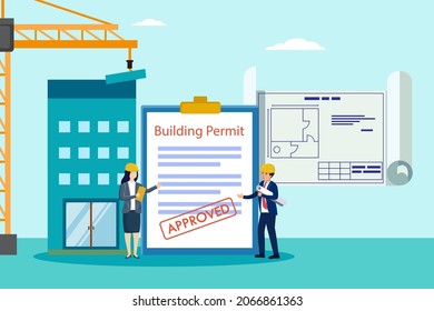 Building permit vector concept. Two architects looking at blue prints while standing with Two architects stand with approved building permit on clipboard