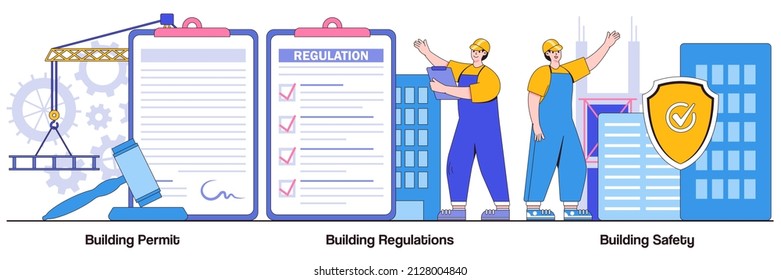 Building permits, regulations, and safety concepts with people characters. Construction business illustration pack. Contractor service, engineering project, application form metaphor.