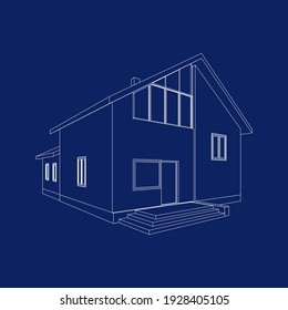Building perspective 3D. Drawing of the suburban house. Outlines cottage on blue background. House 3D model perspective vector. Cottage blueprint. EPS 10. 