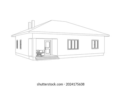 Building perspective 3D. Drawing of the suburban house. Outlines cottage on white background. House 3D model perspective vector. Cottage blueprint. EPS 10. 