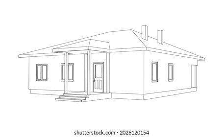 Building perspective 3D. Drawing of the suburban house. Outlines cottage on white background. House 3D model perspective vector. Cottage blueprint. EPS 10. 