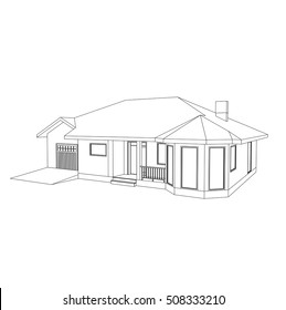 Building perspective 3D. Drawing of the suburban house. Outlines cottage on white background. House 3D model perspective vector. Cottage blueprint. EPS 10. 