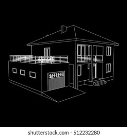 Building perspective 3D. Drawing of the suburban house. Outlines cottage on black background. House 3D model perspective vector. Cottage blueprint. EPS 10. 