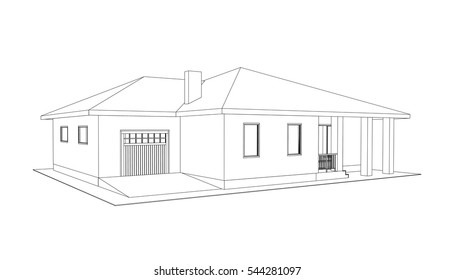 Building Perspective 3D. Drawing Of The Suburban House. Outlines Cottage On White Background. House 3D Model Perspective Vector. Cottage Blueprint. EPS 10. 