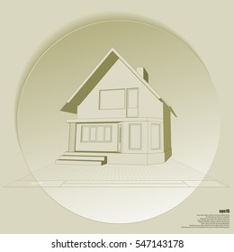 Building perspective 3D. Drawing of the suburban house. House 3D model perspective vector. EPS 10.
