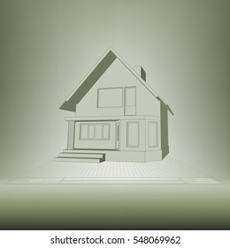 Building perspective 3D. Drawing of the suburban house. House 3D model perspective vector. EPS 10.