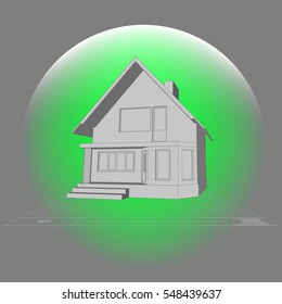 Building perspective 3D. Drawing of the suburban house. House 3D model perspective vector. EPS 10.