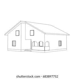 Building perspective 3D. Drawing of the suburban house. Outlines cottage isolated on white background. House 3D model perspective vector. Cottage blueprint.